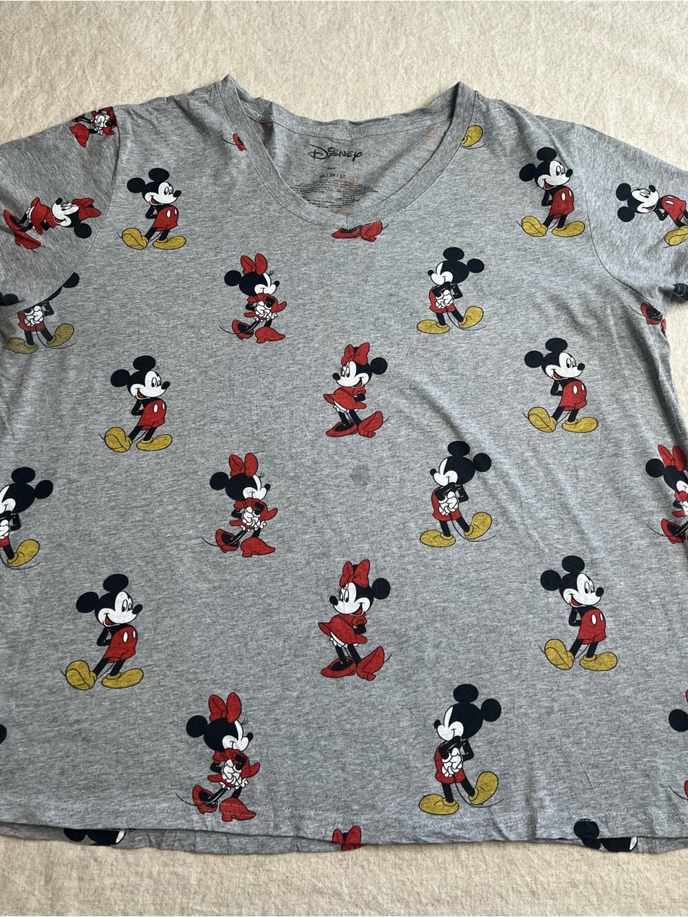 Disney Gray Tee with Red & Yellow Mickey and Minnie Prints